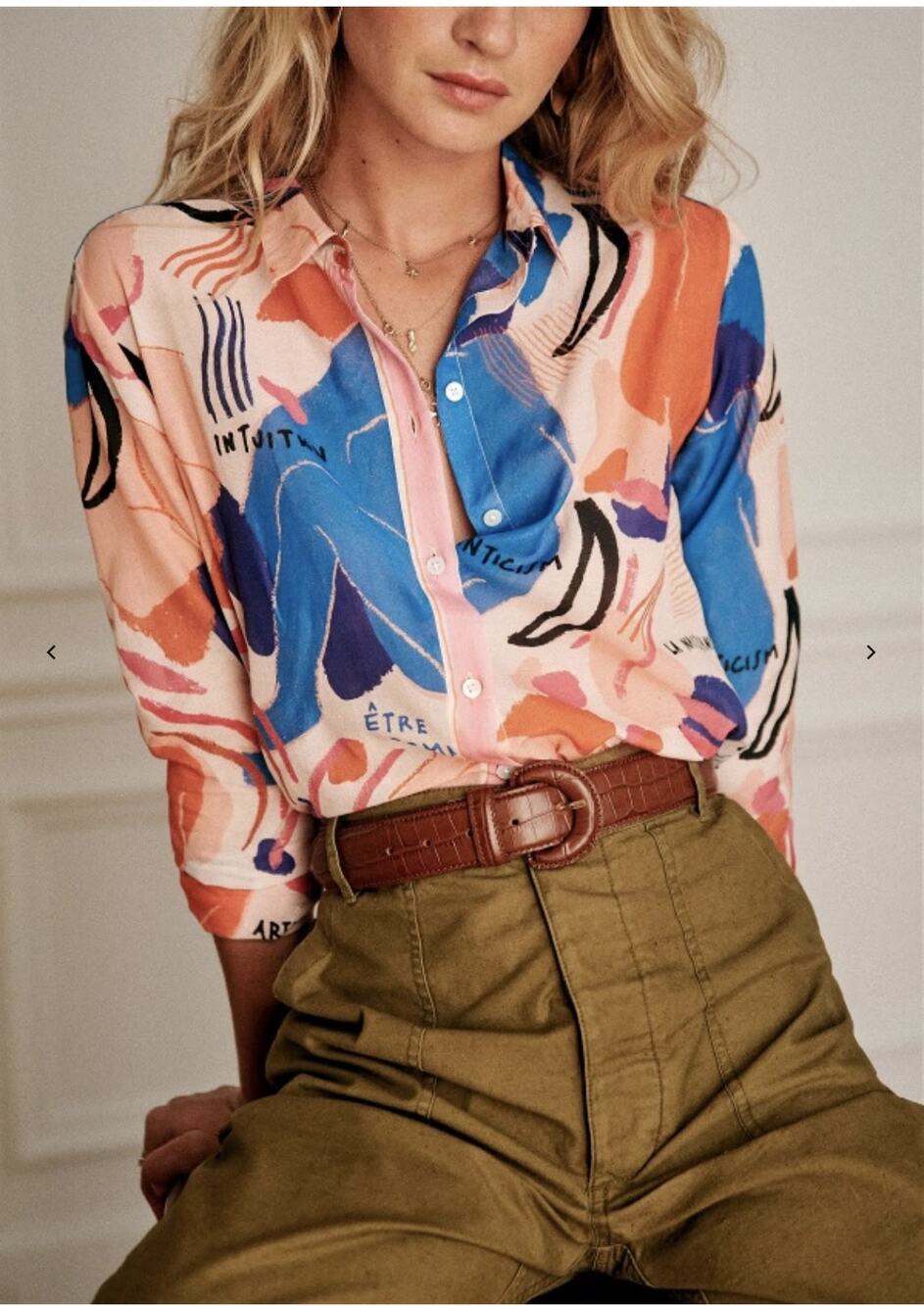 Sézane Pierro Abstract Long Sleeve Button-Down Shirt Pink Blue Womens Size EU 34